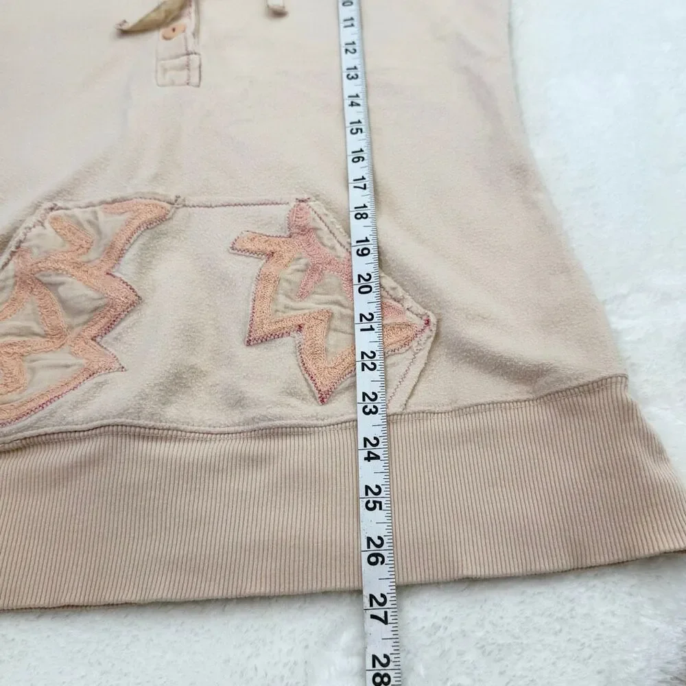 Free People Peach Floral Embroidered Pull-Over Hoodie Velvet Accents Medium Weig